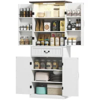 HOMCOM 71" LED Kitchen Pantry Cabinet, Farmhouse Storage Cabinet with Door Shelves, Distressed White(m-1)