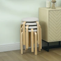 HOMCOM Stackable Wood Stools Set of 4, Stacking Kitchen Stools with Padded Seat for Dining Room, Living Room, Cream White(m-10)