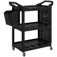 HOMCOM 3-Tier Rolling Tool Cart, 200 LBS Capacity Plastic Utility Cart with Side Shelf and Storage Bucket, Black(m-12)