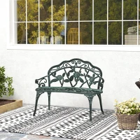 Outsunny Outdoor Bench, Cast Aluminum Outdoor Furniture, Metal Bench with Floral Rose Accent & Antique Finish, Green(m-10)