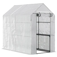 Outsunny 47.25" x 73.25" x 74.25" Walk-in Greenhouse, Outdoor Portable Green House with 4 Shelves, Plant Flower Growing Warm House with Roll-up Door, White(m-12)