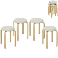HOMCOM Stackable Wood Stools Set of 4, Stacking Kitchen Stools with Padded Seat for Dining Room, Living Room, Cream White(m-11)
