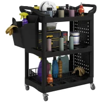 HOMCOM 3-Tier Rolling Tool Cart, 200 LBS Capacity Plastic Utility Cart with Side Shelf and Storage Bucket, Black(m-11)