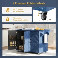 Farmhouse Kitchen Island with Drop Leaf, Rolling Cart on Wheels, 3D Wave Stripes Ash Veneer, Internal Rack, Adjustable Shelves, Navy Blue(m-5)