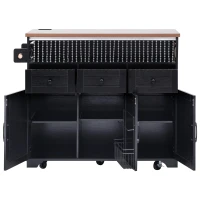 Farmhouse Kitchen Island Cart with Beaded Drape, Power Outlet, Drop Leaf, Adjustable Shelves, Perfect for Kitchen and Dining Room, Black(m-16)