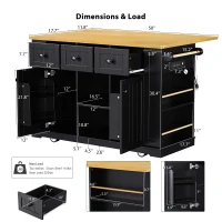 Kitchen Island with Internal Rack, Drop Leaf, Power Outlet, Rolling Cart with Adjustable Shelves and Drawers, 50" L x 29.5" W x 36.5" H, Black(m-3)