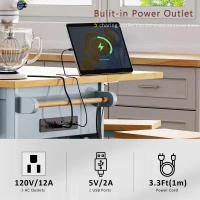 Kitchen Island Cart with Drop Leaf, Power Outlet, Internal Storage Rack, Rolling on 5 Wheels, Adjustable Shelves, and Bamboo Sticks, Gray+Blue(m-7)