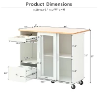 Kitchen Cart with Drop Leaf, LED Light, Sliding Glass Doors, Adjustable Shelf, Central Island with Rolling Wheels, 44" L x 27" W x 37" H, White(m-3)