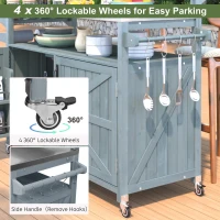 Outdoor Kitchen Island with Raised Shelf, Storage Cabinet, Stainless Steel Top, Rolling Grill Cart with Adjustable Shelves, Spice Rack, Grey+Blue(m-8)