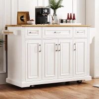 Kitchen Island Cart with Drop Leaf, 3 Drawers, Spice Rack, Rolling Kitchen Cart with Adjustable Shelves, 54" L x 29.5" W x 36" H, White(m-1)