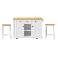 5-Wheel Kitchen Island Set with 2 Bar Stools, Shelves and Drawers, Power Outlet, Internal Rack, Utility Island with Drop Leaf, Bamboo Sticks, White