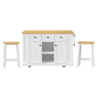 5-Wheel Kitchen Island Set with 2 Bar Stools, Shelves and Drawers, Power Outlet, Internal Rack, Utility Island with Drop Leaf, Bamboo Sticks, White(m-2)