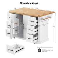 Kitchen Island with Power Outlet and Drop Leaf, 4 Door Shelves, Rolling Cart with Adjustable Shelves, Hidden Wheels, 55.5" L x 30" W x 36" H, White(m-3)