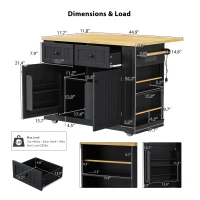 Kitchen Island Cart with Drop Leaf and Power Outlet, Internal Rack, Rolling Kitchen Storage on 5 Wheels, 48" L x 30" W x 37" H, Black(m-3)