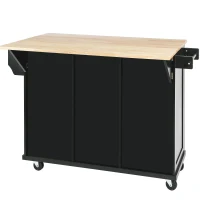 Kitchen Cart with 5 Wheels, 3 Drawers, Storage Cabinets, Central Island with Rubberwood Drop-Leaf Countertop, 53" L x 29.5" W x 37" H, Black(m-15)