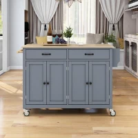 Kitchen Island Cart with 4-Door Cabinet, 2 Drawers, Solid Wood Top, Locking Wheels, Spice and Towel Racks, 54.5" L x 18.5" W x 36" H, Blue(m-1)