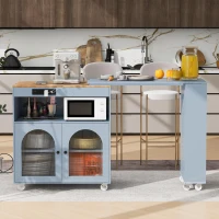 Extended LED Kitchen Island with Power Outlets, Adjustable Shelves, Central Island with Fluted Glass Doors, 56.5" L x 33" W x 38" H, Slate Blue(m-1)