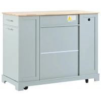Fluted Kitchen Island with Trash Can Storage, Power Outlet, Adjustable Shelves, 3 Drawers, 3 Side Racks, 48.5" L x 20.5" W x 36.5" H, Gray+Blue(m-16)