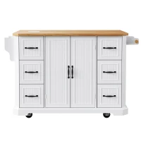 Kitchen Island with Power Outlet and Drop Leaf, 4 Door Shelves, Rolling Cart with Adjustable Shelves, Hidden Wheels, 55.5" L x 30" W x 36" H, White(m-2)