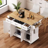 Kitchen Island Cart with Drop Leaf, 3 Drawers, Spice Rack, Rolling Kitchen Cart with Adjustable Shelves, 54" L x 29.5" W x 36" H, White(m-11)