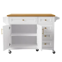 Kitchen Island with Spice Rack, Drop Leaf, Towel Rack, 2 Doors, 5 Drawers, Adjustable Shelf, Embossed Texture, 52" L x 29.5" W x 36" H, White(m-15)