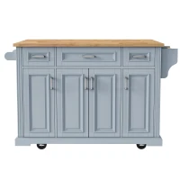 Kitchen Island Cart with Rubber Wood Drop Leaf, Embossed Texture, Adjustable Shelves, Hidden Wheels, 3 Drawers, 54" L x 29.5" W x 36" H, Grey+Blue(m-2)