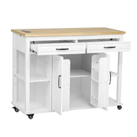 Kitchen Island with Extendable Dining Table, Rubber Wood Veneer, Internal Rack, Power Outlet, 2 Drawers, 2 Cabinets, 47" L x 33.5" W x 37" H, White(m-16)