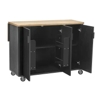 Fluted Kitchen Island with Drop Leaf, Adjustable Shelves, Mobile and Stationary Options, Rolling Cart with Internal Storage, Towel Rack, Black(m-16)