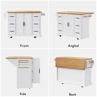 Kitchen Island with Power Outlet and Drop Leaf, 4 Door Shelves, Rolling Cart with Adjustable Shelves, Hidden Wheels, 55.5" L x 30" W x 36" H, White(m-10)