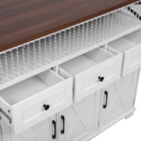 Farmhouse Kitchen Island Cart with Beaded Drape, Power Outlet, Drop Leaf, Rolling Wheels, 3 Doors, 3 Drawers, Adjustable Shelves, White(m-12)