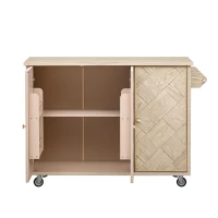 Coastal Kitchen Island Cart with Drop Leaf, Handwoven Ash Veneer Doors, Adjustable Shelves, Lockable Wheels, 51" L x 29.5" W x 36" H, Natural(m-15)