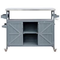 Outdoor Kitchen Island with Spice and Towel Rack, Lockable Wheels, Rolling Bar Cart with Stainless Steel Top, 50" L x 18.5" W x 36.5" H, Slate Blue(m-2)