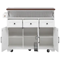 Farmhouse Kitchen Island Cart with Beaded Drape, Power Outlet, Drop Leaf, Rolling Wheels, 3 Doors, 3 Drawers, Adjustable Shelves, White(m-15)