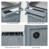 Outdoor Kitchen Island with Raised Shelf, Storage Cabinet, Stainless Steel Top, Rolling Grill Cart with Adjustable Shelves, Spice Rack, Grey+Blue(m-10)