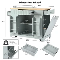 Fluted Kitchen Island with Trash Can Storage, Power Outlet, Adjustable Shelves, 3 Drawers, 3 Side Racks, 48.5" L x 20.5" W x 36.5" H, Gray+Blue(m-3)