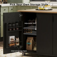 Fluted Kitchen Island with Drop Leaf, Adjustable Shelves, Mobile and Stationary Options, Rolling Cart with Internal Storage, Towel Rack, Black(m-9)