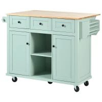 Kitchen Island Cart with 3 Drawers, 5 Wheels, Rubber Wood Drop-Leaf Countertop, Storage Cabinet, 53" L x 29.5" W x 37" H, Mint Green(m-13)