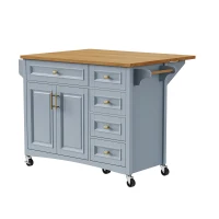Kitchen Island with Drop Leaf, Towel Rack, 5 Drawers, Adjustable Shelf, Mobile Cart on Wheels with Spice Rack, 52" L x 29.5" W x 36" H, Blue+Grey(m-14)