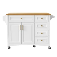 Kitchen Island with Spice Rack, Drop Leaf, Towel Rack, 2 Doors, 5 Drawers, Adjustable Shelf, Embossed Texture, 52" L x 29.5" W x 36" H, White(m-2)