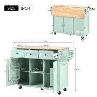 Kitchen Island Cart with 3 Drawers, 5 Wheels, Rubber Wood Drop-Leaf Countertop, Storage Cabinet, 53" L x 29.5" W x 37" H, Mint Green(m-3)
