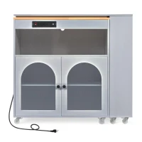 Extended LED Kitchen Island with Power Outlets, Adjustable Shelves, Central Island with Fluted Glass Doors, 56.5" L x 33" W x 38" H, Slate Blue(m-2)