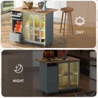Kitchen Island with Wood Drop Leaf, LED Light, Fluted Glass Doors, Adjustable Shelf, Utility Cart with Rolling Wheels, 44" L x 27" W x 37" H, Blue(m-5)