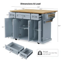 Kitchen Island Cart with Rubber Wood Drop Leaf, Embossed Texture, Adjustable Shelves, Hidden Wheels, 3 Drawers, 54" L x 29.5" W x 36" H, Grey+Blue(m-3)