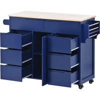 Mobile Kitchen Cart with 8 Handle-Free Drawers, 5 Wheels, Flatware Organizer, Central Island with Wood Countertop, 53" L x 18.5" W x 37" H, Blue(m-14)