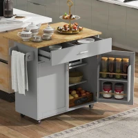 Kitchen Cart with Rubber Wood Top, Internal Storage Rack, Drawer with Dividers, Utility Island with Adjustable Shelves, 39" L x 26" W x 34" H, Gray(m-9)
