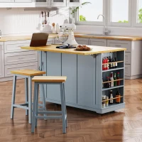 Kitchen Island with 2 Bar Stools, Power Outlet, Internal Racks, 5 Wheels, Drop Leaf, Adjustable Shelves, 53" L x 29.5" W x 36.5" H, Gray+Blue(m-11)