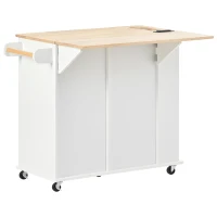 Kitchen Island with Power Outlet, Drop Leaf, Wine Rack, Adjustable Shelves, Utility Cart with Lockable Wheels, 40" L x 29.5" W x 34" H, White(m-15)