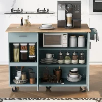 Kitchen Island Cart with Foldable Countertop, Adjustable Shelves, Towel Rack, Drawer, and Lockable Wheels, 49" L x 33.2" W x 37.5" H, Gray+Blue(m-12)