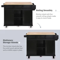 Kitchen Cart with 5 Wheels, 3 Drawers, Storage Cabinets, Central Island with Rubberwood Drop-Leaf Countertop, 53" L x 29.5" W x 37" H, Black(m-6)