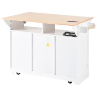 Kitchen Island Cart with Dual Drop Leaf, Power Outlet, Adjustable Shelves, Spice and Towel Rack, 3 Drawers, 56" L x 34" W x 36.5" H, White(m-16)